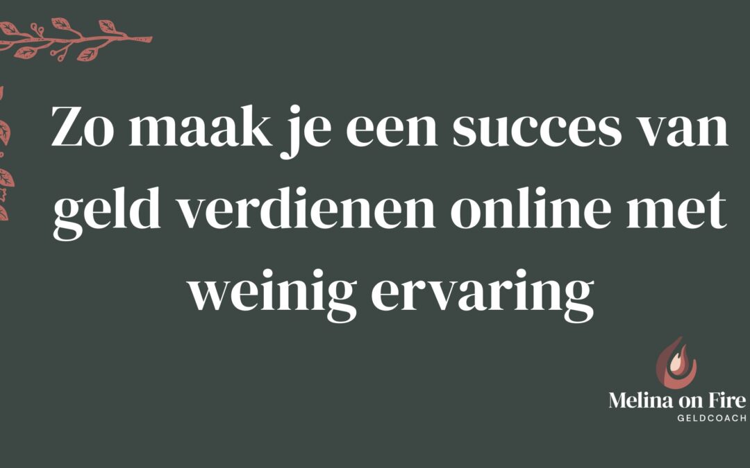 Digitale infographic die een jonge man toont die werkt aan een laptop met symbolen van succes en zes stappen voor online geld verdienen