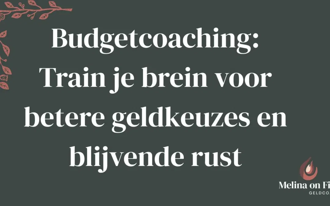 Grafische afbeelding met de tekst “Budgetcoaching: Train je brein voor betere geldkeuzes en blijvende rust” en logo van Melina on Fire Geldcoach.